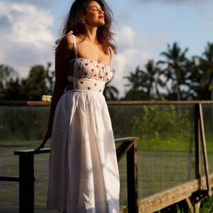Elegant White Midi Dress with Red Heart Accents